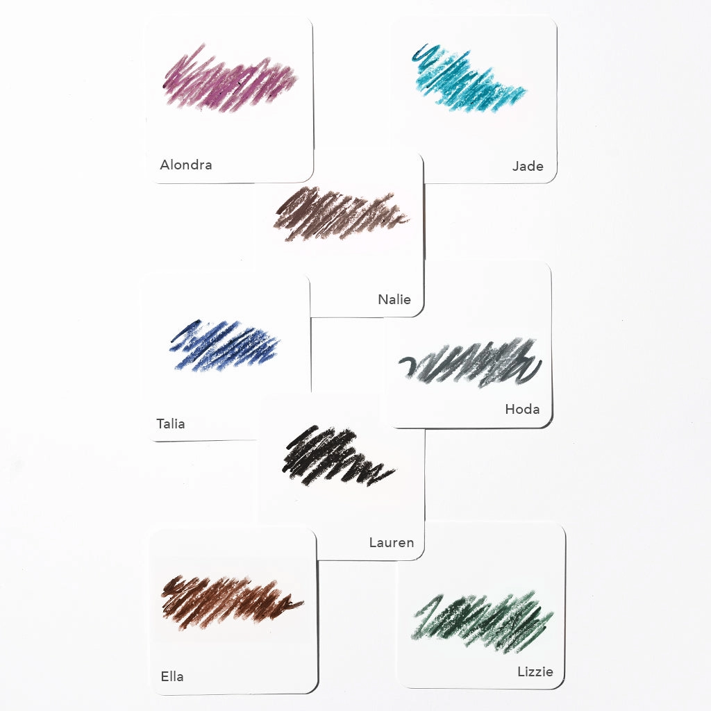 Swatch card with hand-drawn color strokes in blue, purple, brown and green