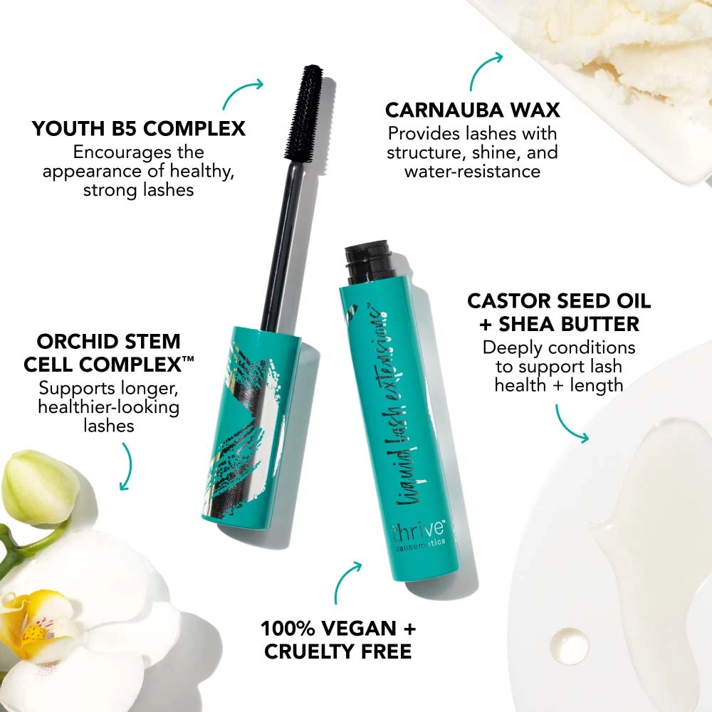 Mascara with ingredient callouts and orchid flowers